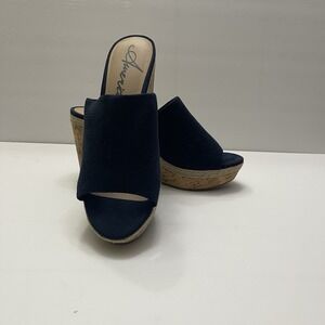 American Rag Shiraf Wedge Slide Blue Perforated Suede Cork‎ Size 8